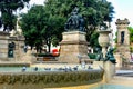 Catalonia Square with water fountain, pigeons, sculptures and other artistic architecture in Barcelona, Spain